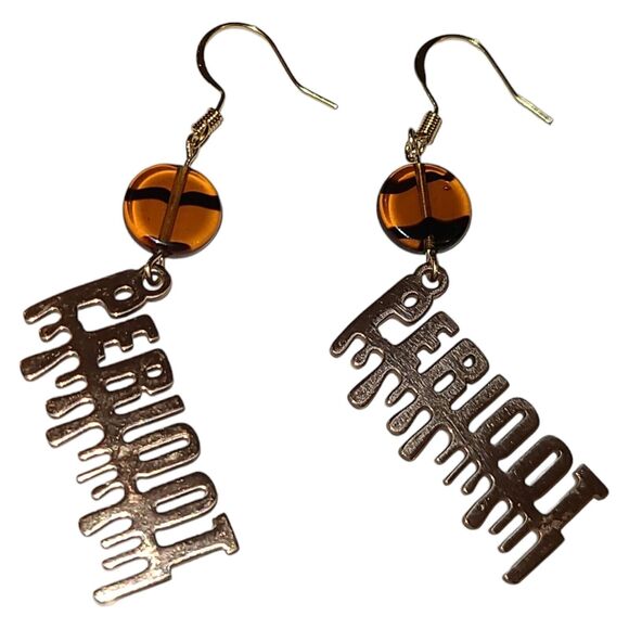 Gold Tone PERIODT Spell Out Dangle Earrings Glass Animal Print Bead - Picture 3 of 3